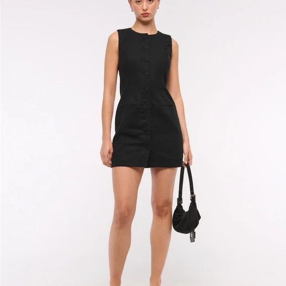 Abercrombie & Fitch Black Button-Front Linen-Blend Mara Mini Dress A&F 662670732 - Picture 2 of 7